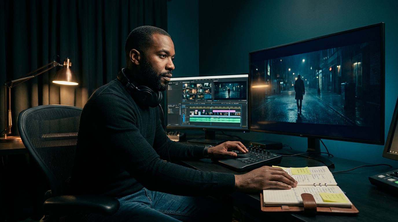 music supervisor cueing music to picture in a film edit bay