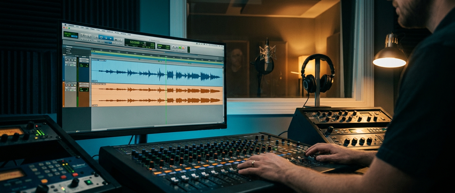 editorial · podcast booth + DAW session