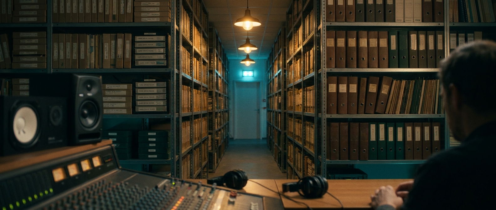 editorial · production music archive shelves