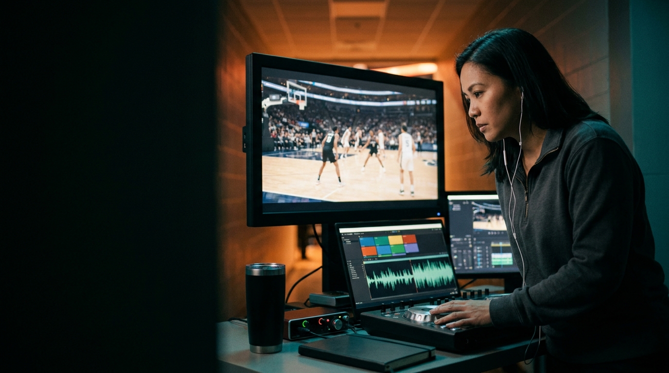 video editor cutting a basketball highlight package at a courtside production desk