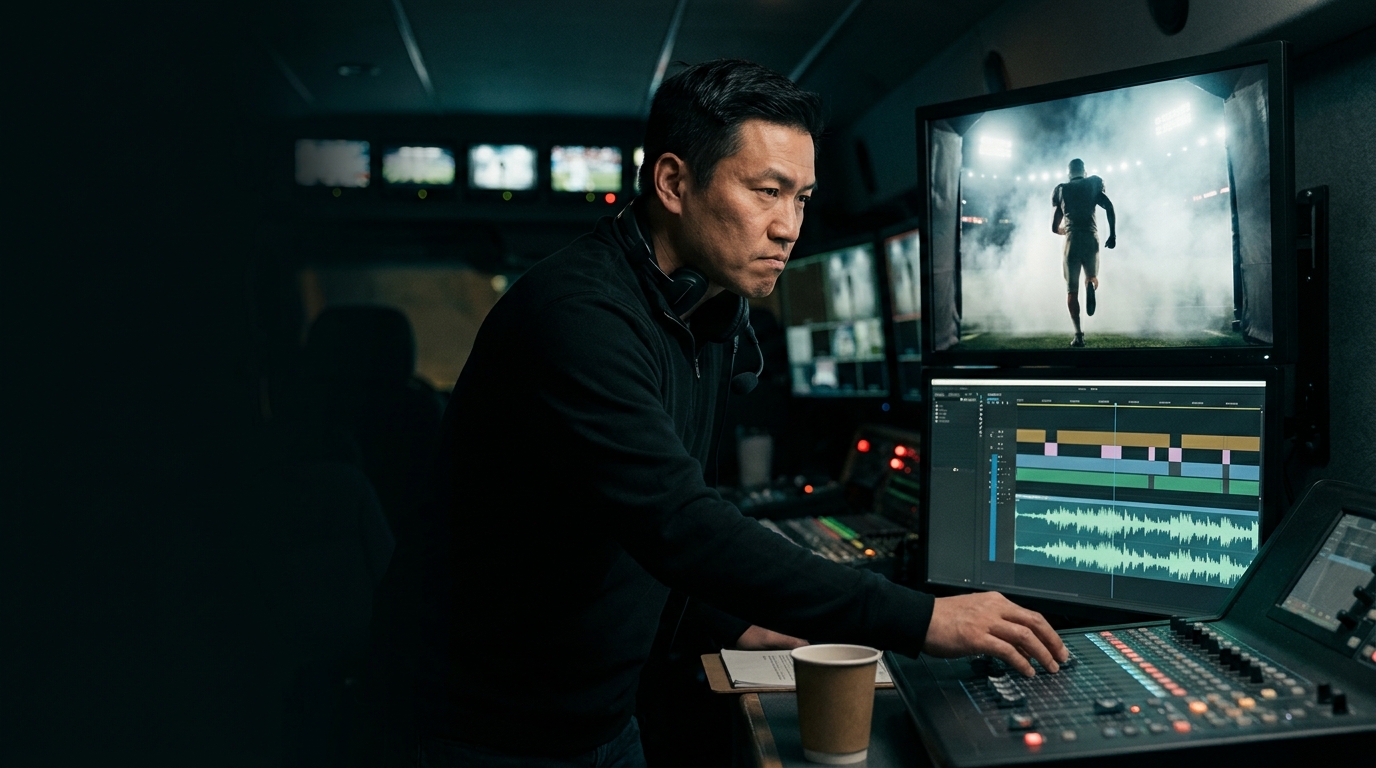 broadcast editor cutting a football highlight package in a production truck