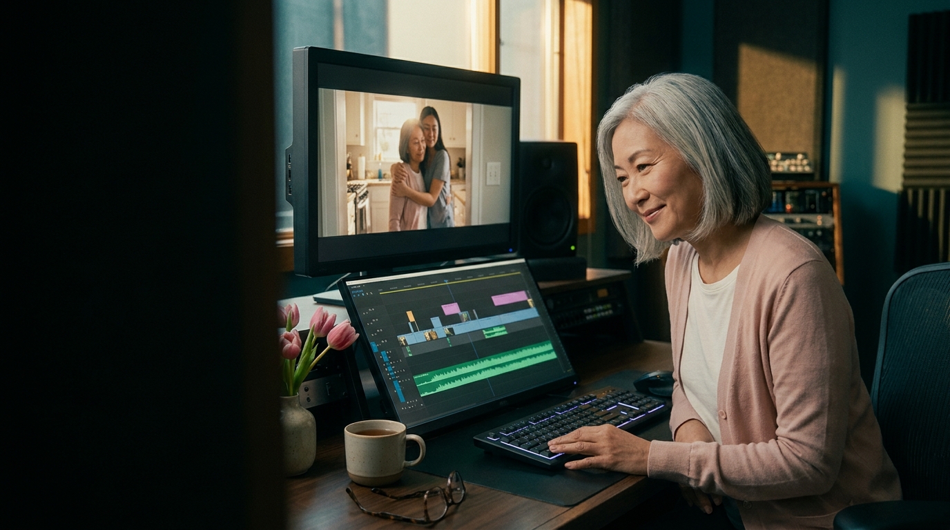 video editor setting music under a Mother's Day tribute video in a warmly lit edit suite