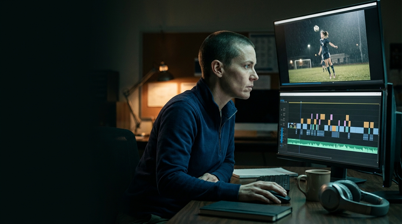 a high school sports media coach setting music under a highlight reel edit in a school media lab
