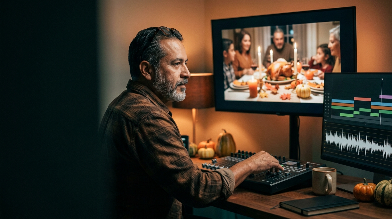 video editor cutting a Thanksgiving commercial to a warm acoustic track in an edit suite