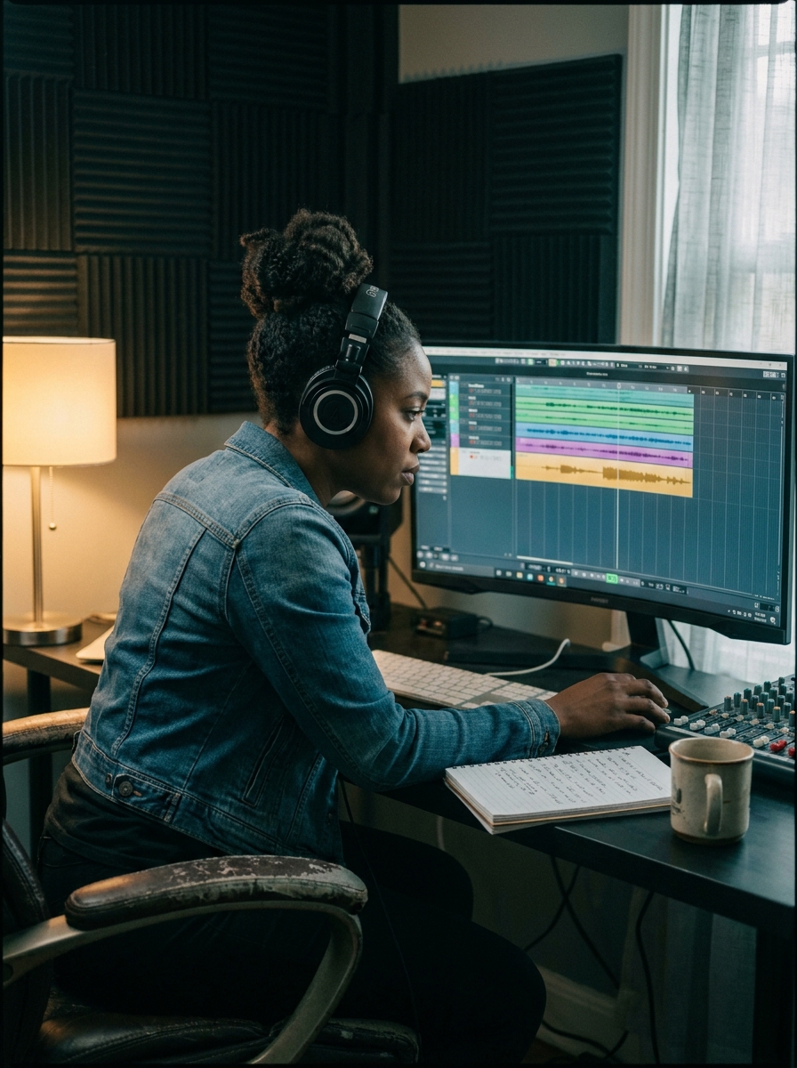 podcaster at desk · mic and laptop